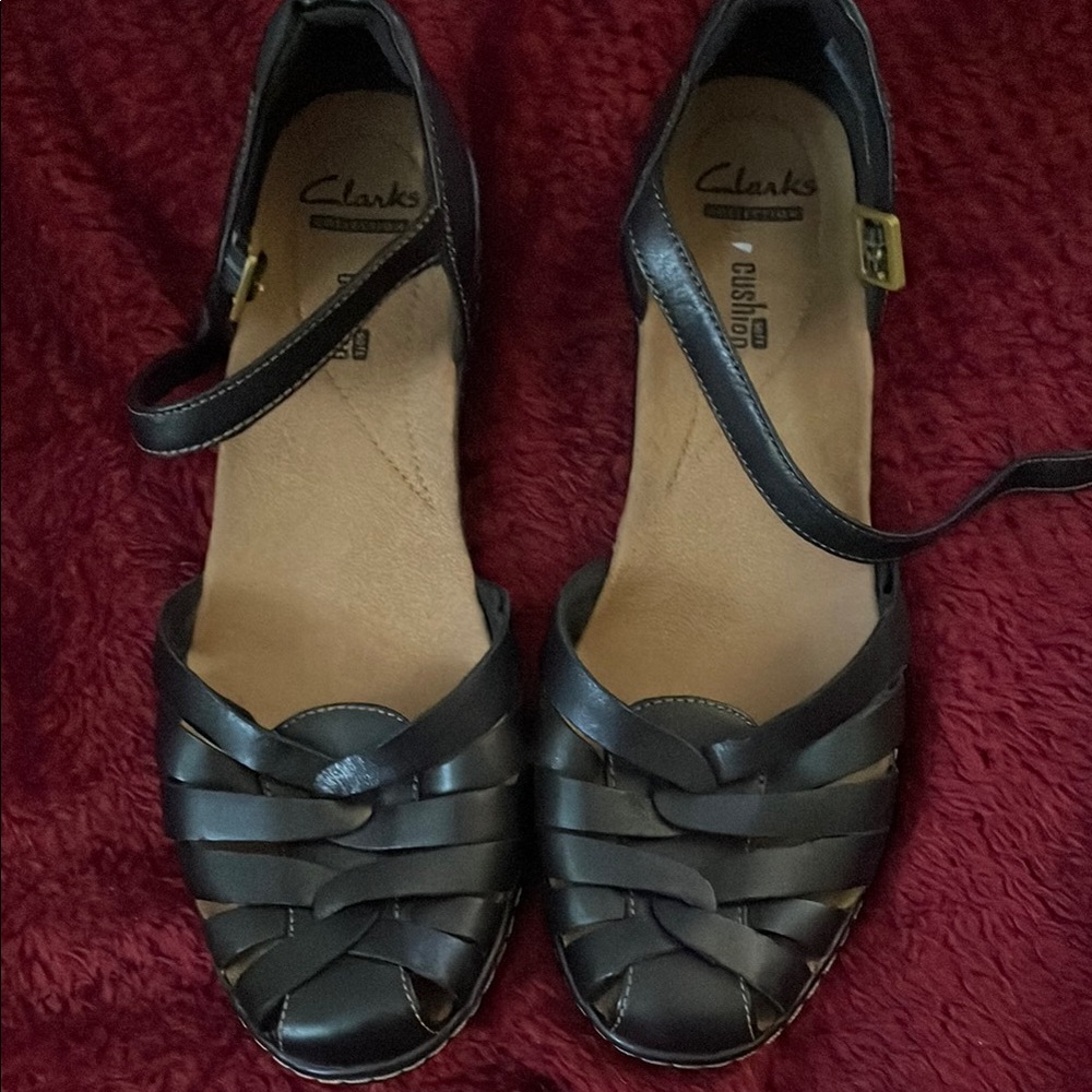 Clarks Black Leather Woven Sandals